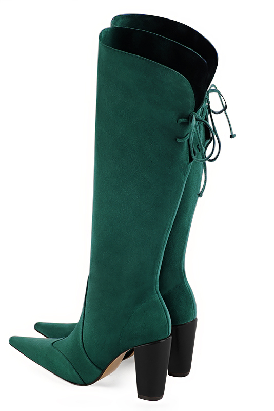 Forest green women's knee-high boots, with laces at the back. Pointed toe. High block heels. Made to measure. Rear view - Florence KOOIJMAN